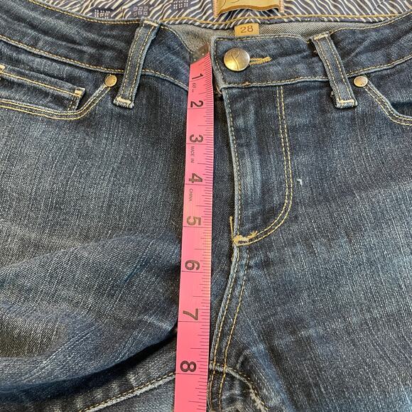 Paige Canyon Medium Dark Blue Wash Flare Leg Low Rise Denim Jeans W28 - Picture 12 of 14